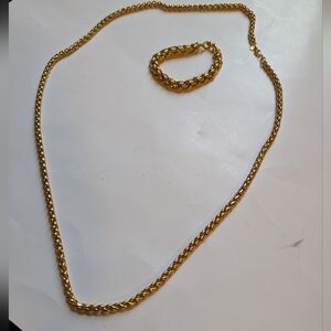 Vintage MONET© Gold Tone Woven Wheat Chain Necklace & Bracelet Set - Triple Plat